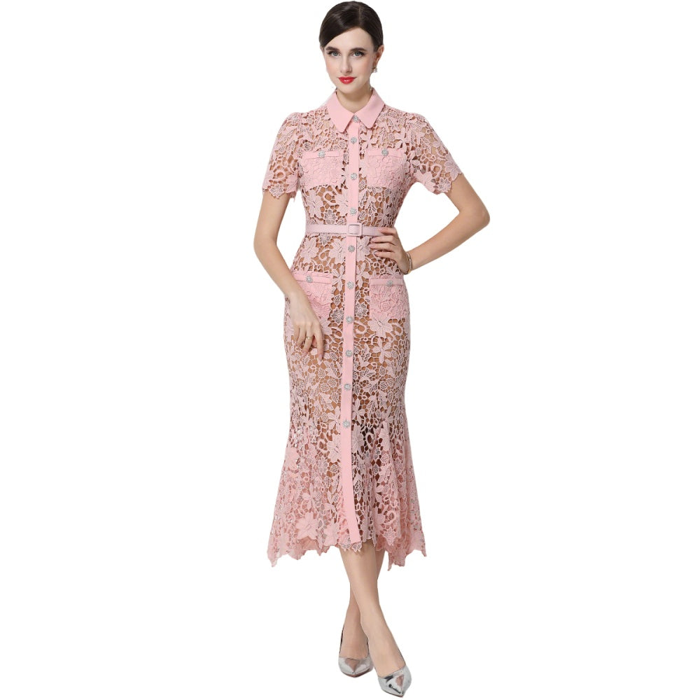 CM-DY070340 Women Elegant European Style Collar Neckline Short Sleeve Single-Breasted Belted Mermaid Dress - Pink