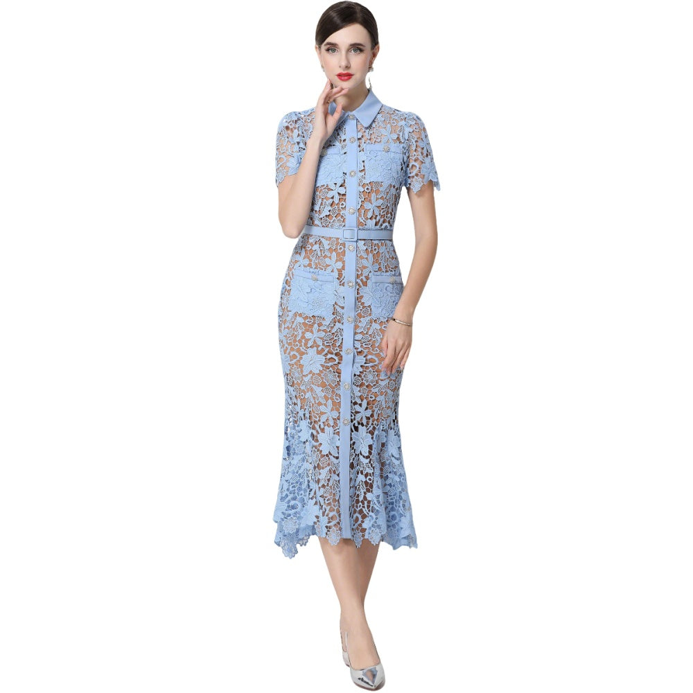 CM-DY070341 Women Elegant European Style Collar Neckline Short Sleeve Single-Breasted Belted Mermaid Dress - Blue