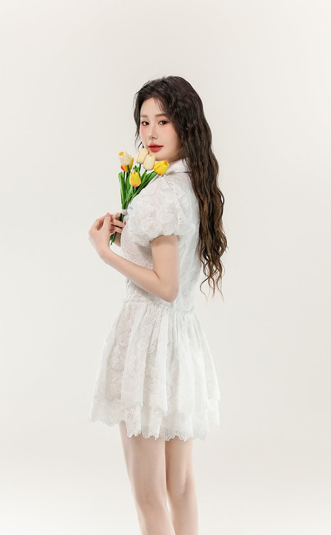 CM-DY070382 Women Elegant European Style Lace Lapel Neckline Puff Sleeve Short Dress - White