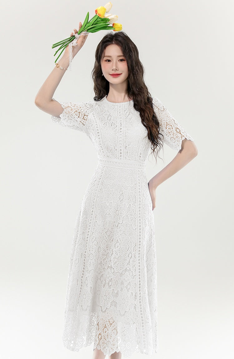 CM-DY070403 Women Elegant European Style Lace Round Neck Short Sleeve Medium Waist Long Dress (Available in 3 colors)