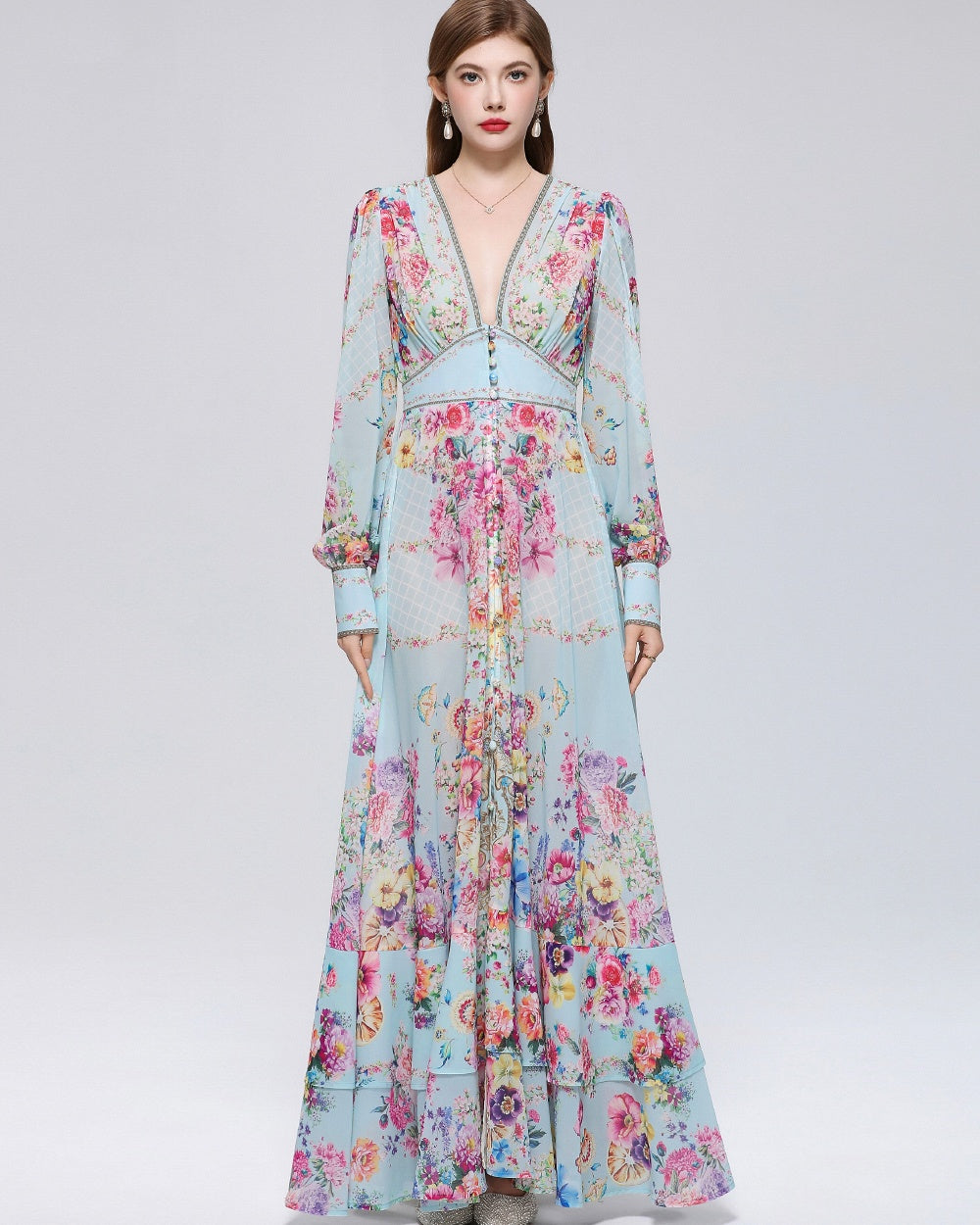 CM-DY070550 Women Elegant European Style Deep V-Neck Long Sleeve Pinched Waist Maxi Dress - Blue