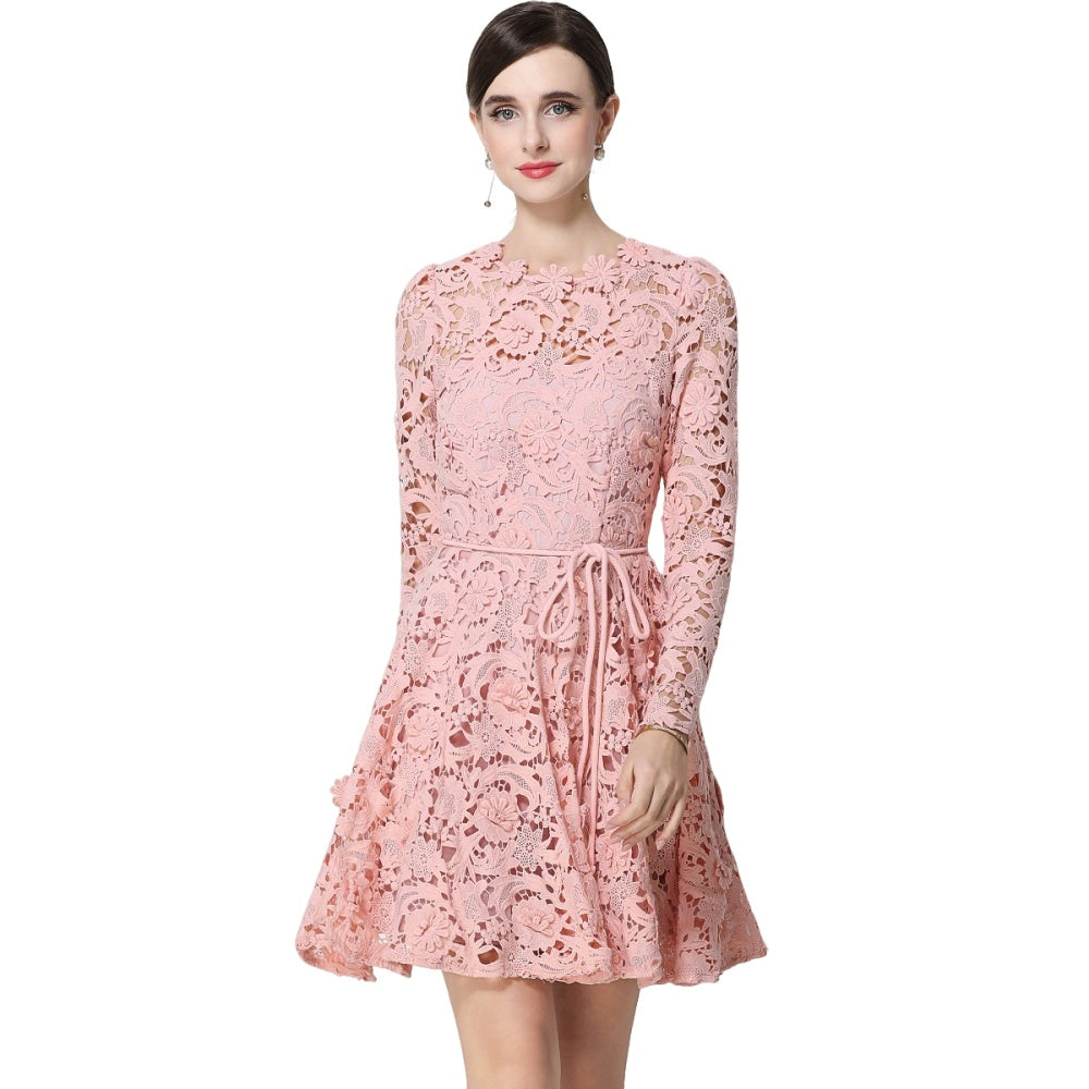 CM-DY070619 Women Elegant European Style Lace Round Neck Long Sleeve Pinched Waist Mini Dress - Pink