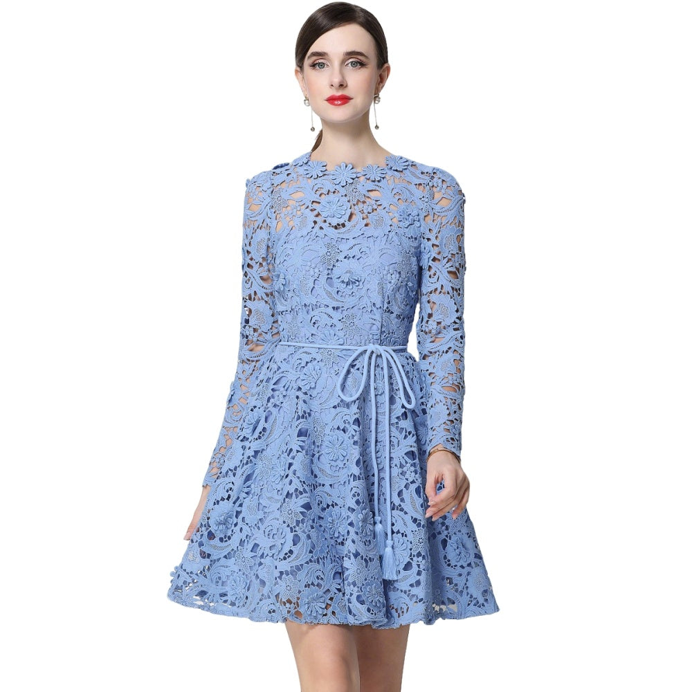 CM-DY070621 Women Elegant European Style Lace Round Neck Long Sleeve Pinched Waist Mini Dress - Blue