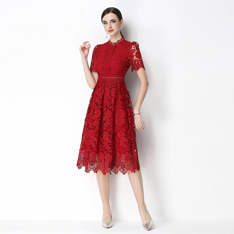CM-DY070627 Women Elegant European Style Lace Stand Collar Short Sleeve Hollow Out Midi Dress - Wine Red