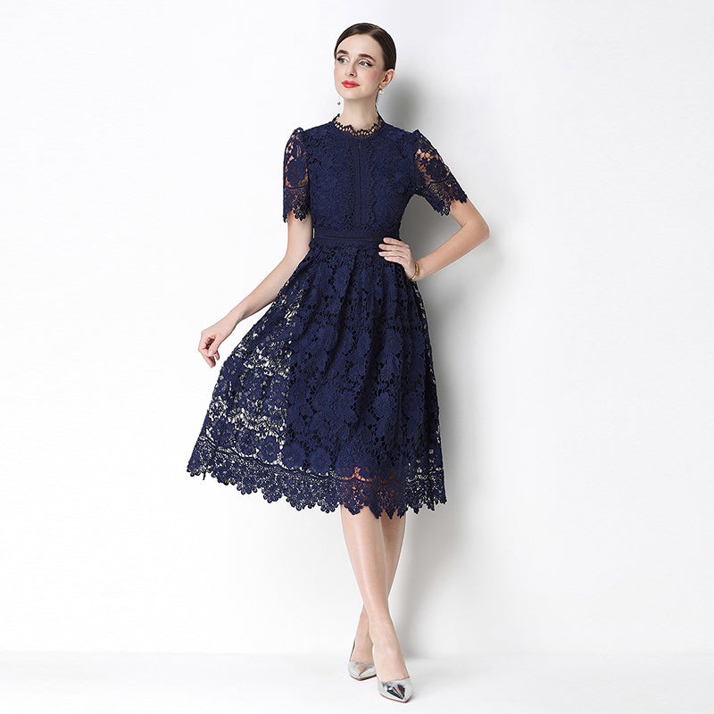 CM-DY070629 Women Elegant European Style Lace Stand Collar Short Sleeve Hollow Out Midi Dress - Navy Blue