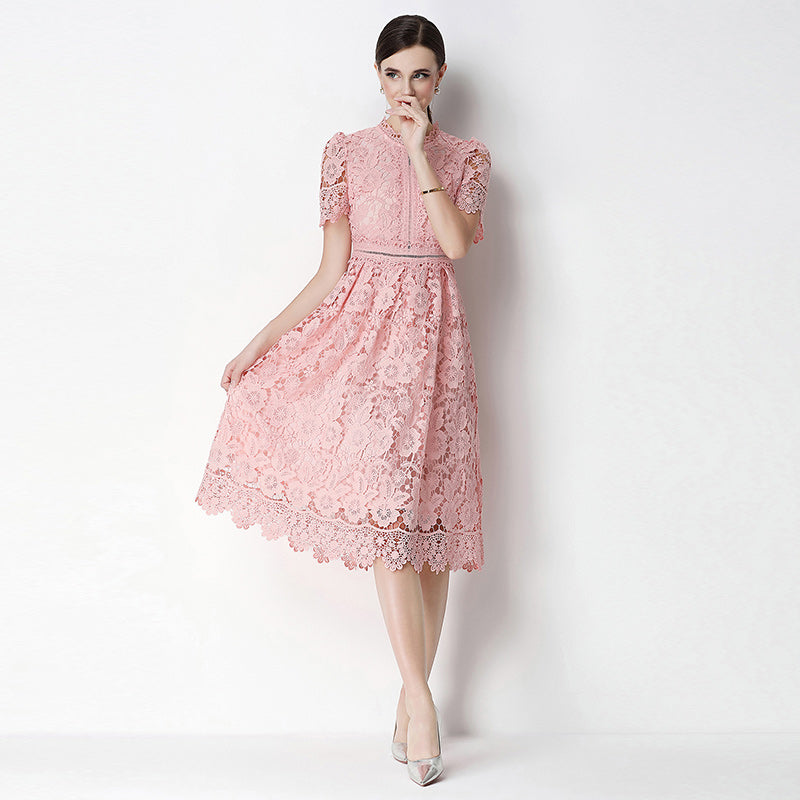 CM-DY070630 Women Elegant European Style Lace Stand Collar Short Sleeve Hollow Out Midi Dress - Pink
