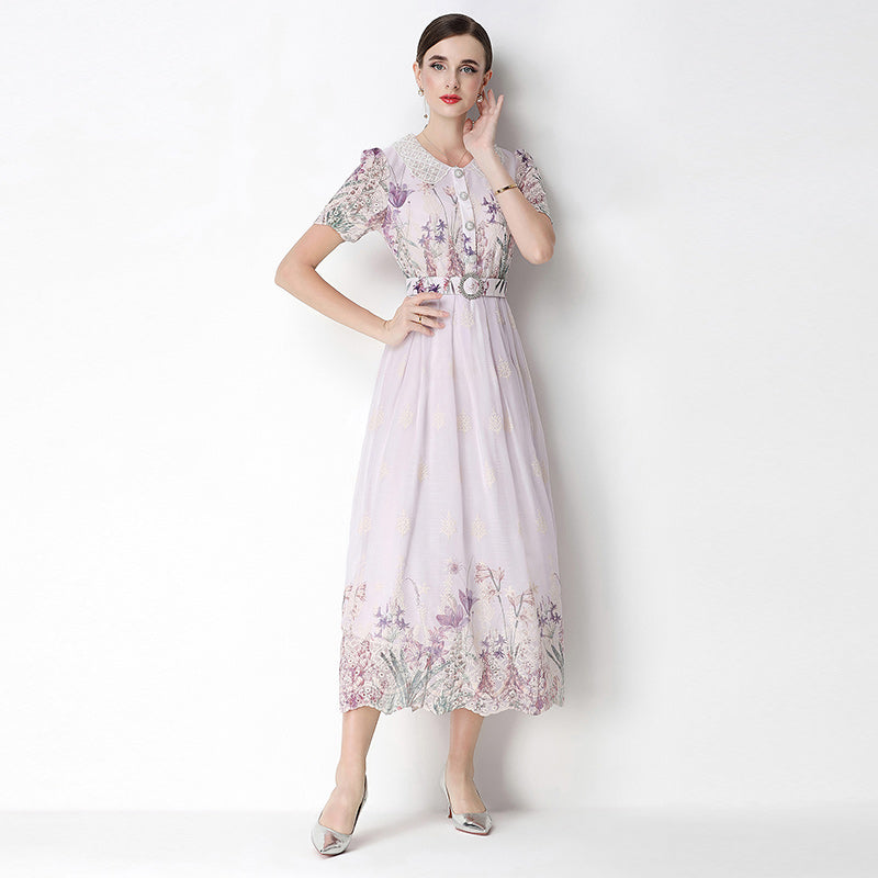 CM-DY070631 Women Elegant European Style Round Neck Short Sleeve Embroidery Floral Print Midi Dress - Light Purple