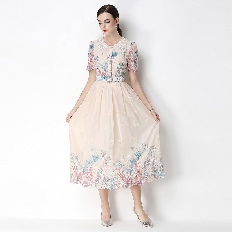 CM-DY070632 Women Elegant European Style Round Neck Short Sleeve Embroidery Floral Print Midi Dress - Apricot