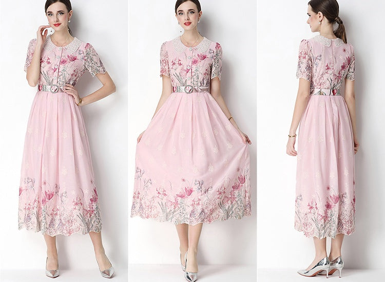 CM-DY070633 Women Elegant European Style Round Neck Short Sleeve Embroidery Floral Print Midi Dress - Pink