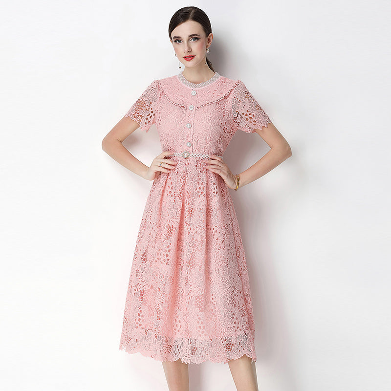 CM-DY070634 Women Elegant European Style Leaf Collar Short Sleeve Hollow Out Lace Midi Dress - Pink