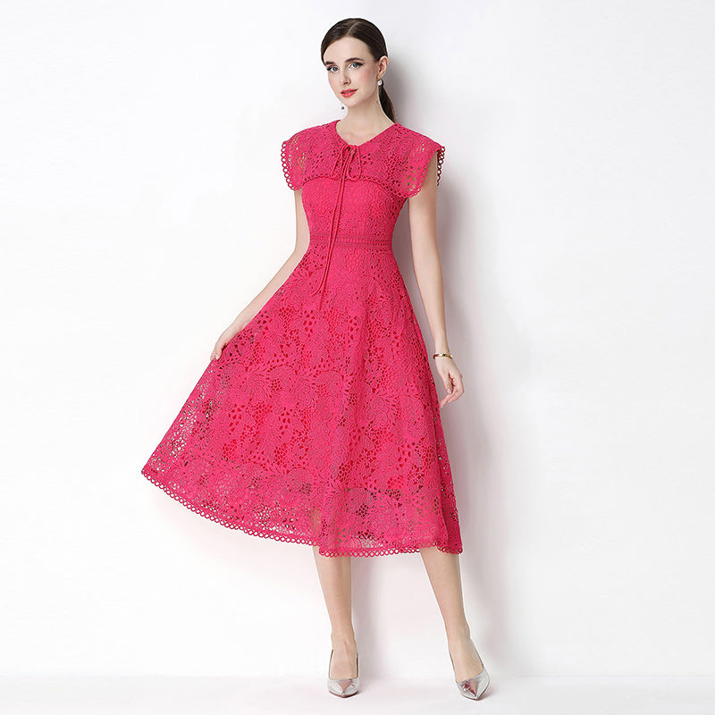 CM-DY070639 Women Elegant European Style Leaf Collar Short Sleeve Lace Hollow Out Slim Midi Dress - Rose Red