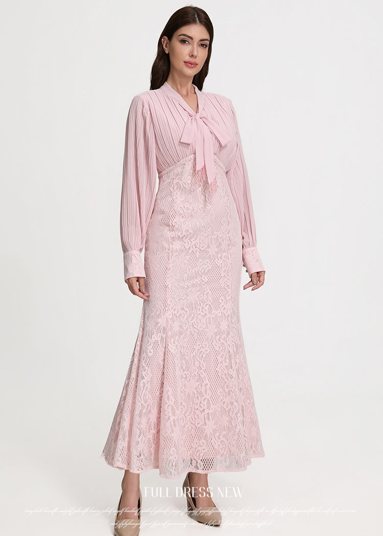 CM-DY070708 Women Elegant European Style Scarf Collar Long Sleeve Pinched Waist Mermaid Dress - Pink