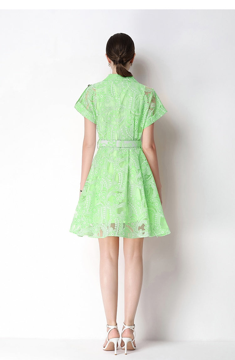 CM-DY070932 Women Elegant European Style Collar Neckline Short Sleeve Pinched Waist Jacquard Mini Dress (Available in 4 colors)