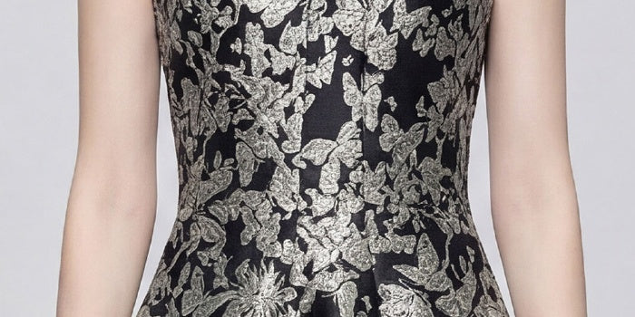 CM-DY071004 Women Elegant European Style Square Neck Sleeveless High Waist Mid-Length A-Line Dress - Gold