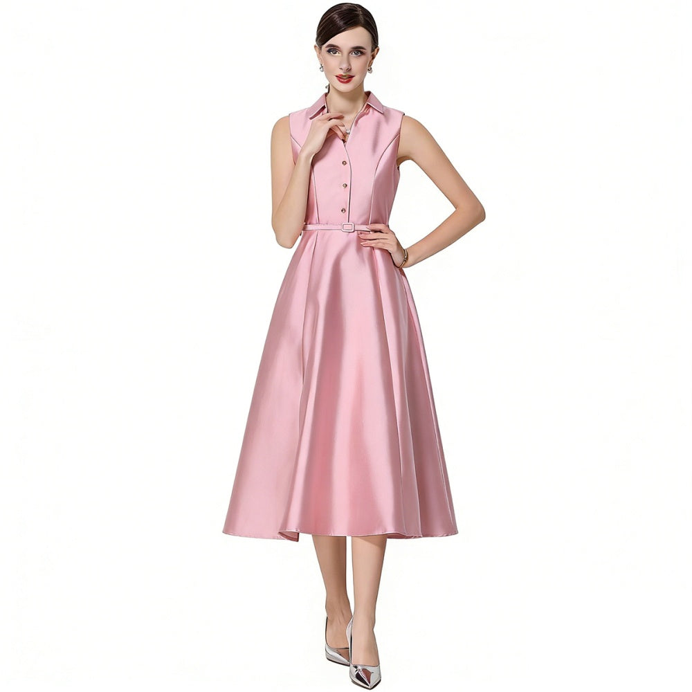 CM-DY071083 Women Elegant European Style Lapel Neckline Sleeveless High Waist Slim A-Line Dress - Pink