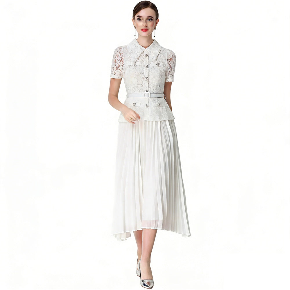 CM-DY071087 Women Elegant European Style Lace Doll Collar Short Sleeve Belted High Waist Midi Dress - White