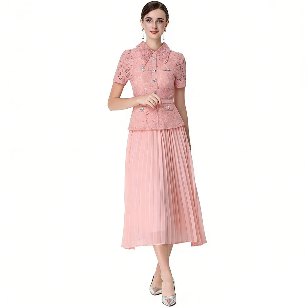 CM-DY071088 Women Elegant European Style Lace Doll Collar Short Sleeve Belted High Waist Midi Dress - Pink