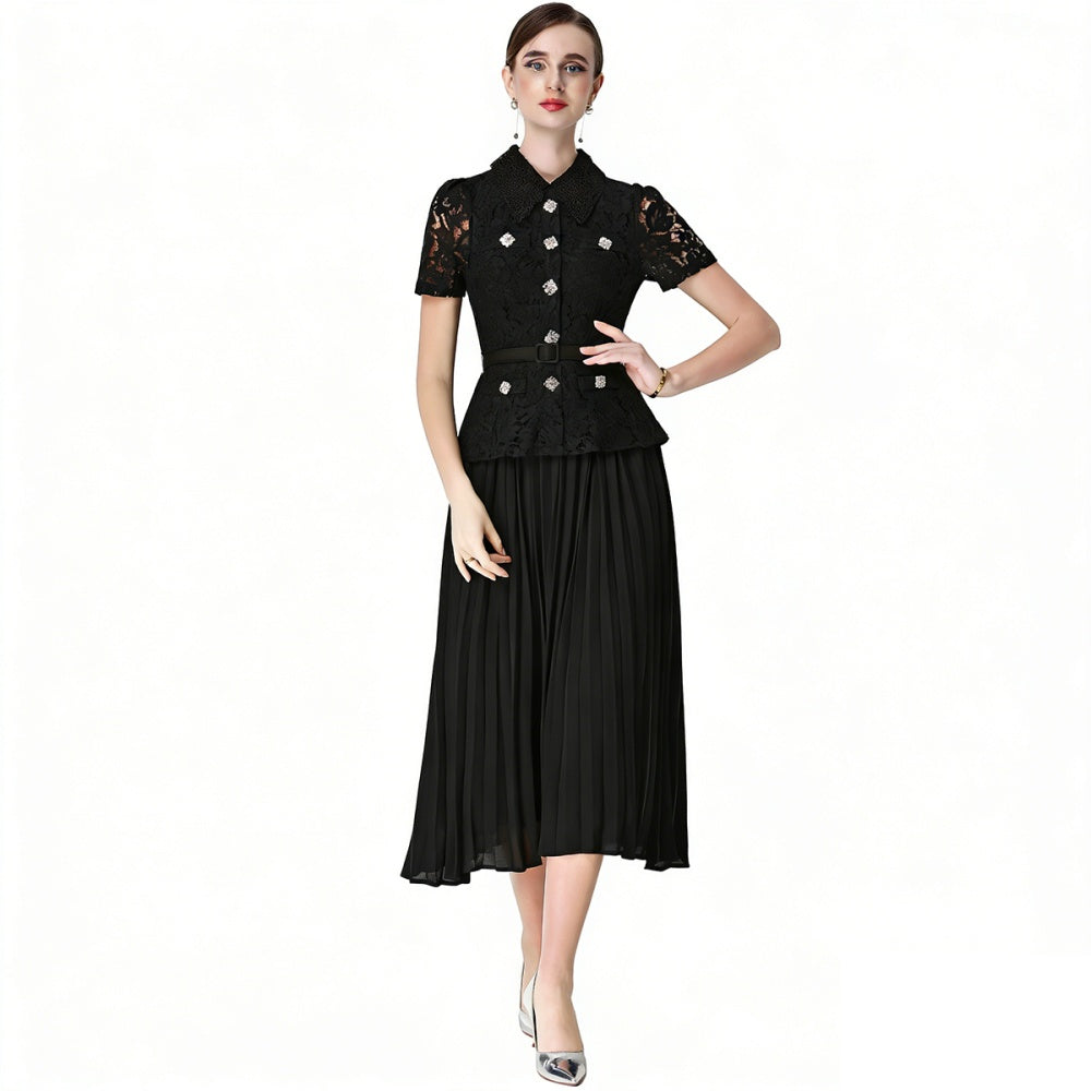 CM-DY071089 Women Elegant European Style Lace Doll Collar Short Sleeve Belted High Waist Midi Dress - Black