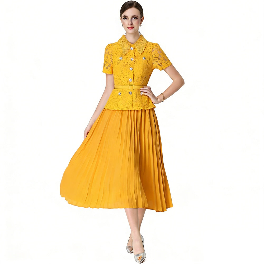 CM-DY071090 Women Elegant European Style Lace Doll Collar Short Sleeve Belted High Waist Midi Dress - Yellow
