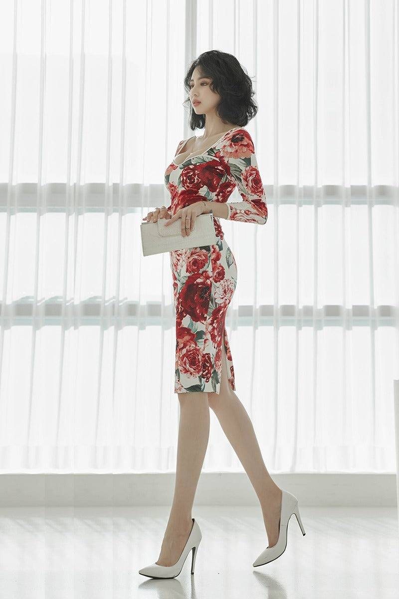 CM-DY071488 Women Elegant Seoul Style Floral Print Square Collar 3/4 Sleeve High Waist Pencil Dress