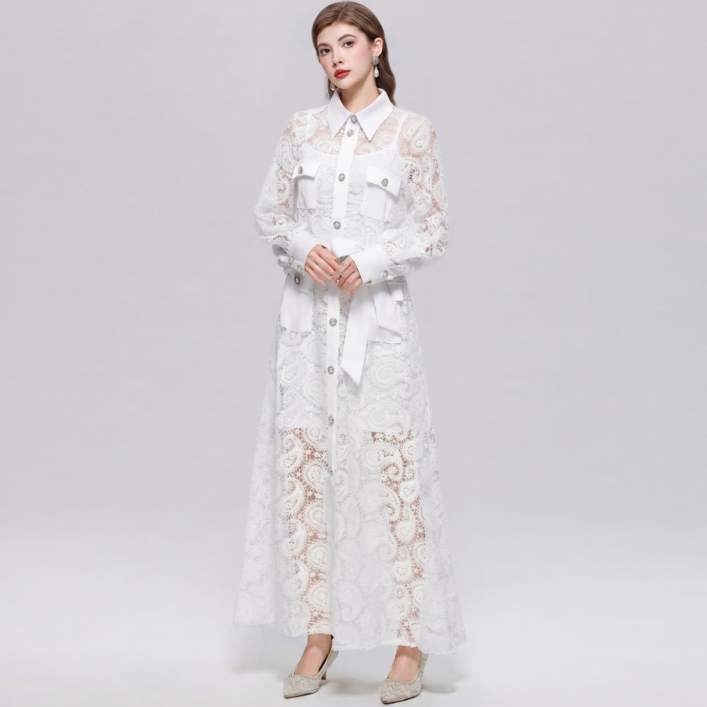 CM-DY071551 Women Elegant European Style Hollow Out Lace Lapel Neckline Long Sleeve Maxi Dress - White
