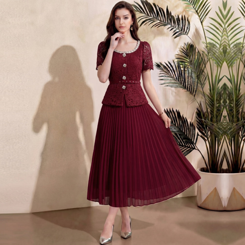 CM-DY071909 Women Elegant European Style Rhinestones Decor Round Neck Short Sleeve Pleated Midi Dress - Dark Red
