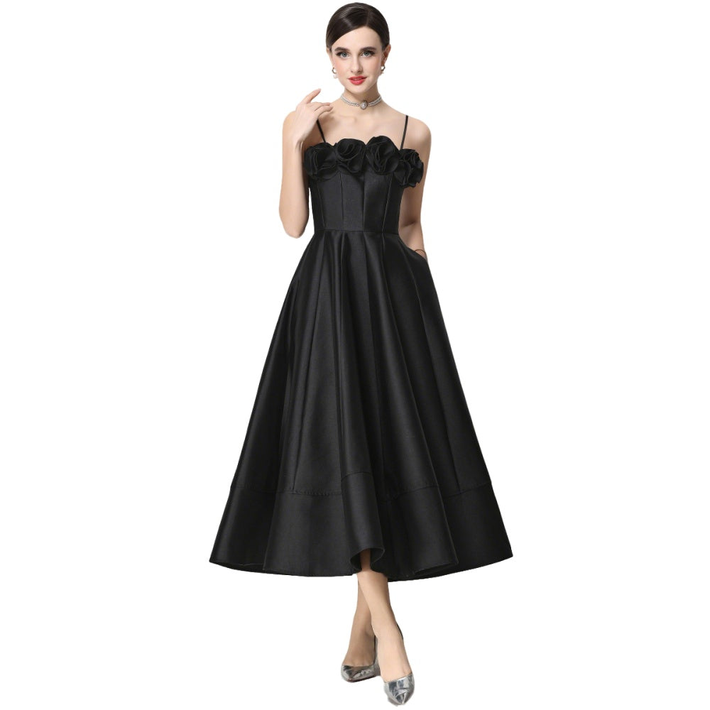 CM-DY071931 Women Elegant European Style Floral Decor Sleeveless High Waist A-Line Satin Dress - Black