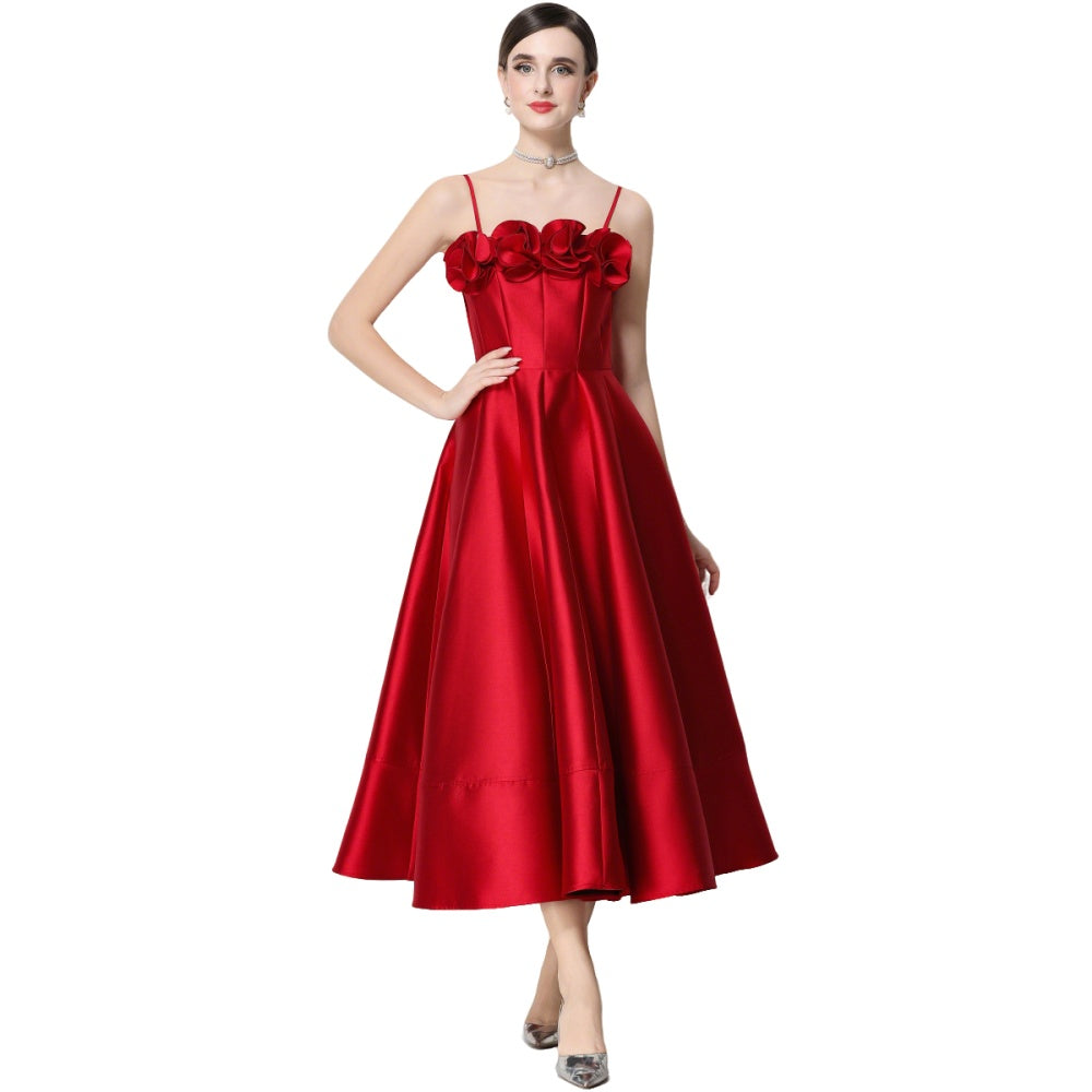 CM-DY071932 Women Elegant European Style Floral Decor Sleeveless High Waist A-Line Satin Dress - Red