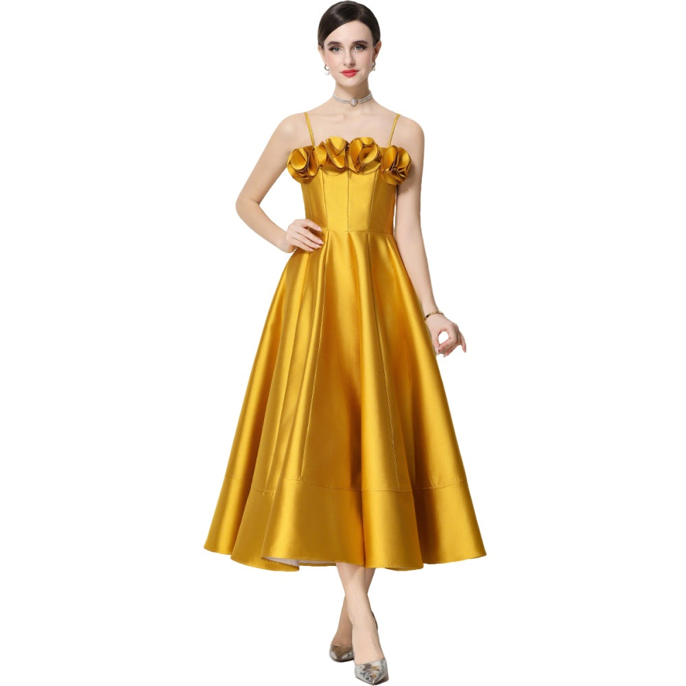 CM-DY071933 Women Elegant European Style Floral Decor Sleeveless High Waist A-Line Satin Dress - Yellow