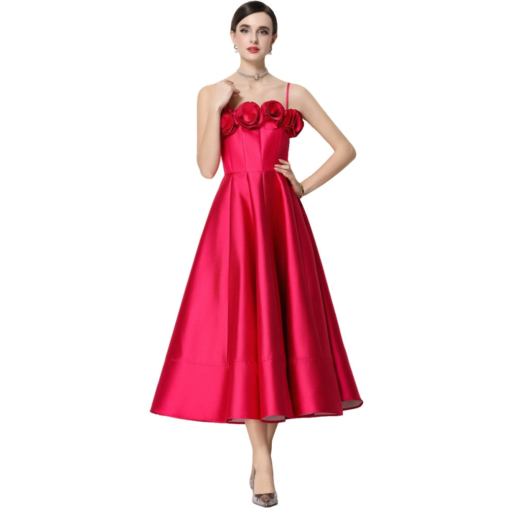 CM-DY071934 Women Elegant European Style Floral Decor Sleeveless High Waist A-Line Satin Dress - Rose Red