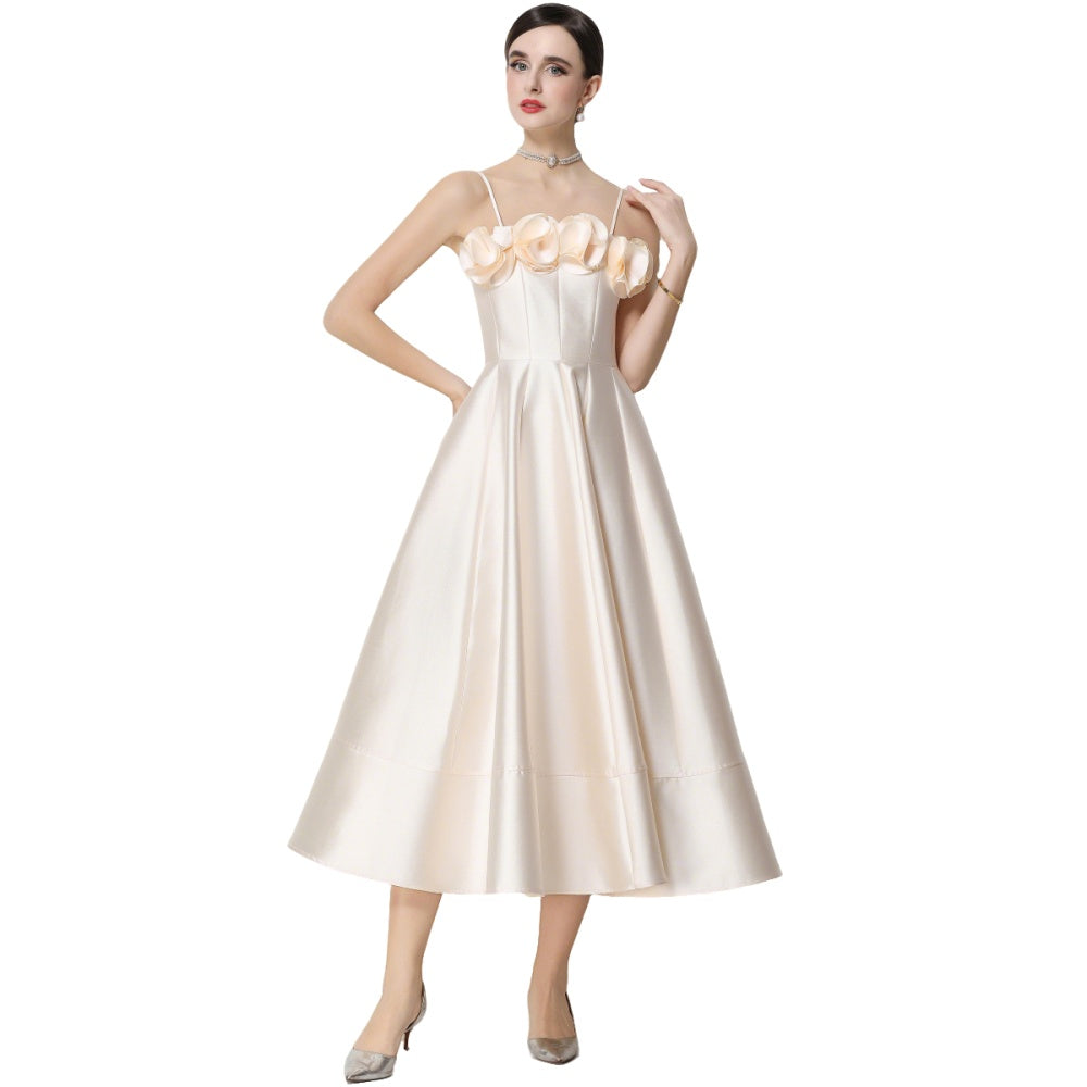 CM-DY071935 Women Elegant European Style Floral Decor Sleeveless High Waist A-Line Satin Dress - Apricot