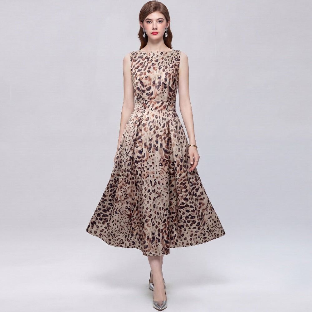 CM-DY072013 Women Elegant European Style Round Neck Sleeveless Pinched Waist A-Line Mid-Length Dress