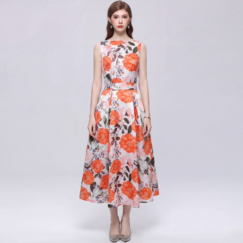 CM-DY072014 Women Elegant European Style Round Neck Sleeveless High Waist A-Line Mid-Length Dress