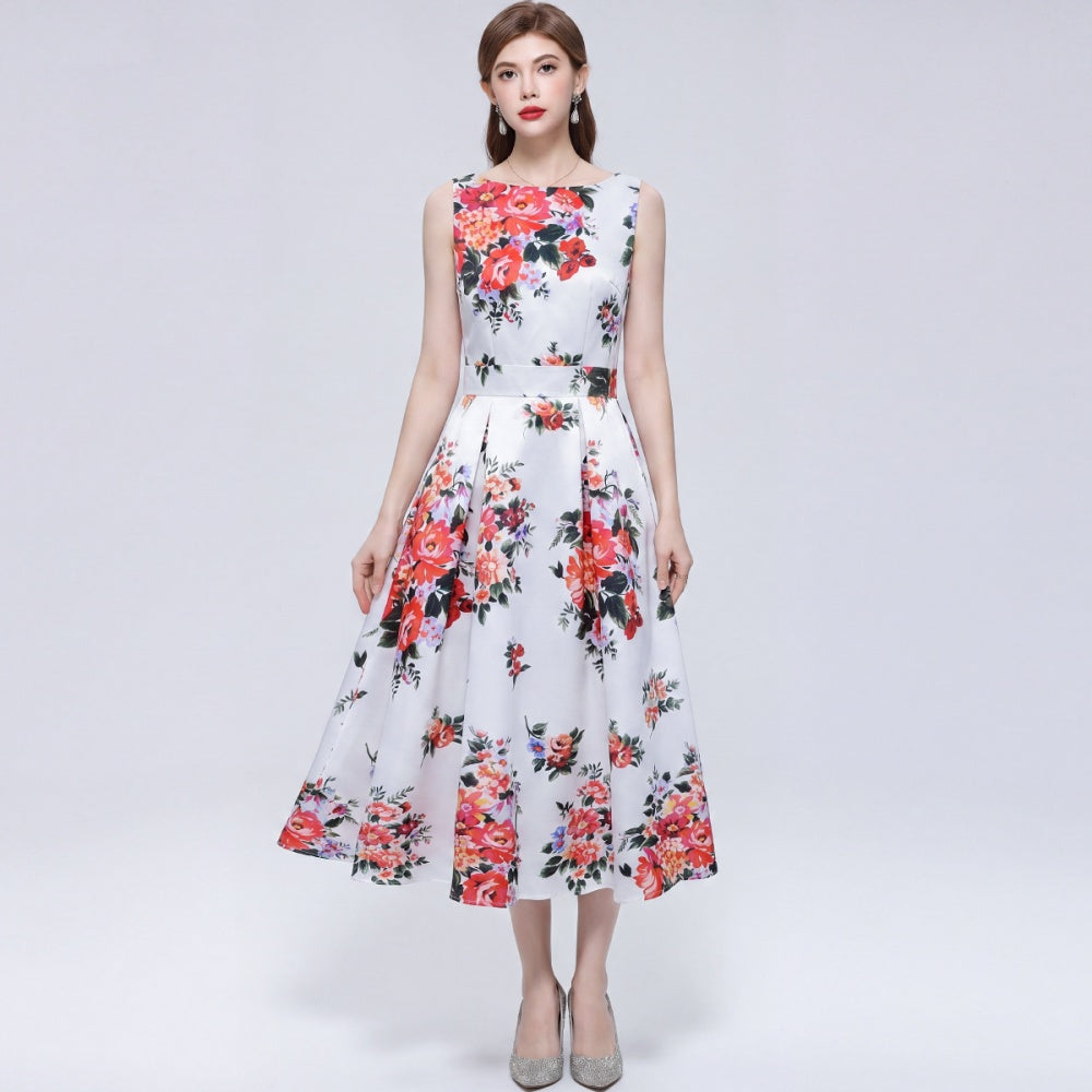 CM-DY072020 Women Elegant European Style Floral Print Round Neck Sleeveless High Waist Dress