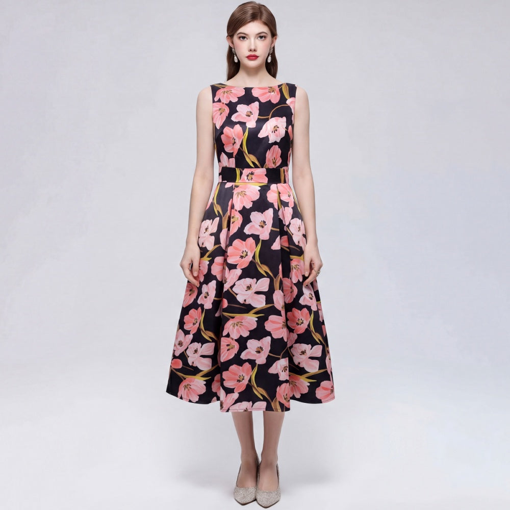 CM-DY072021 Women Elegant European Style Round Neck Sleeveless Pinched Waist A-Line Midi Dress