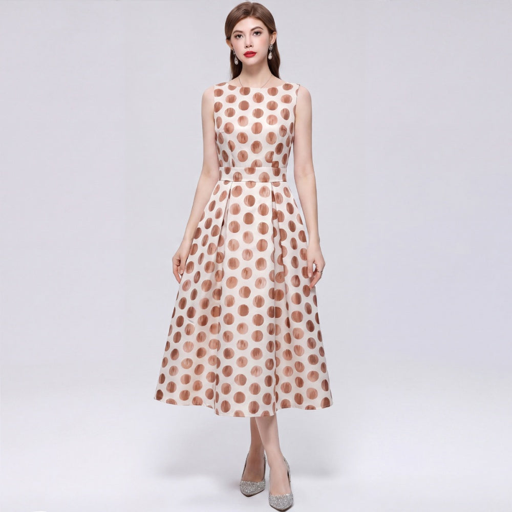 CM-DY072022 Women Elegant European Style Polka Dot Round Neck Sleeveless Pinched Waist Midi Dress