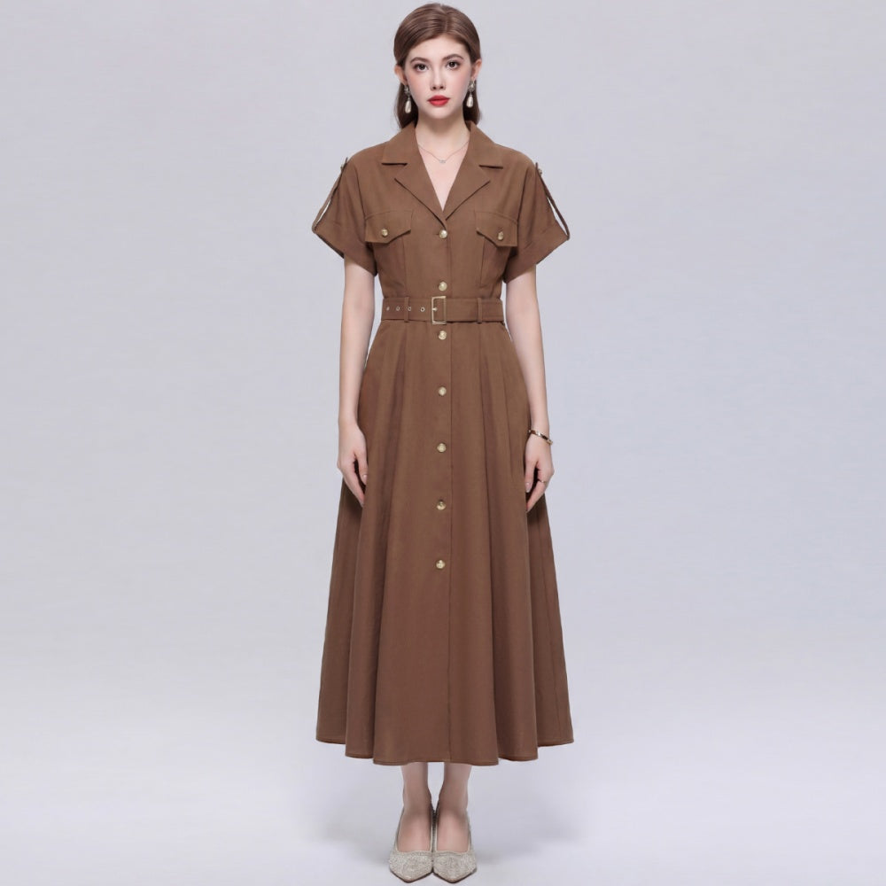CM-DY072027 Women Elegant European Style Lapel Neckline Short Sleeve Single-Breasted A-Line Dress - Brown