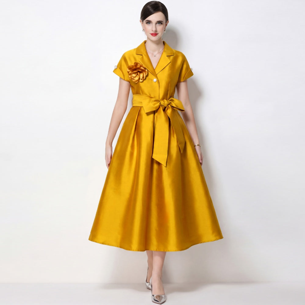 CM-DY072472 Women Elegant European Style Suit Collar Short Sleeve Pinched Waist Mid-Length Dress - Yellow