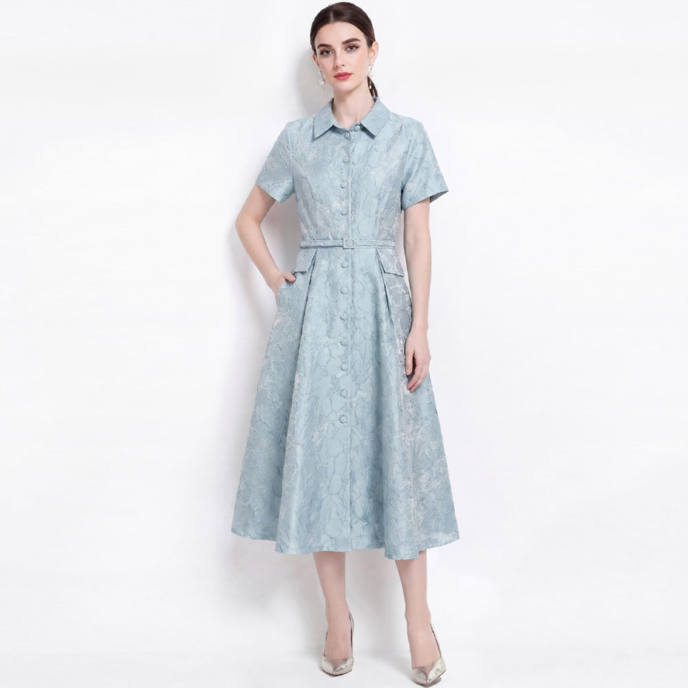 CM-DY072476 Women Elegant European Style Lapel Neckline Short Sleeve Jacquard Mid-Length Dress - Blue