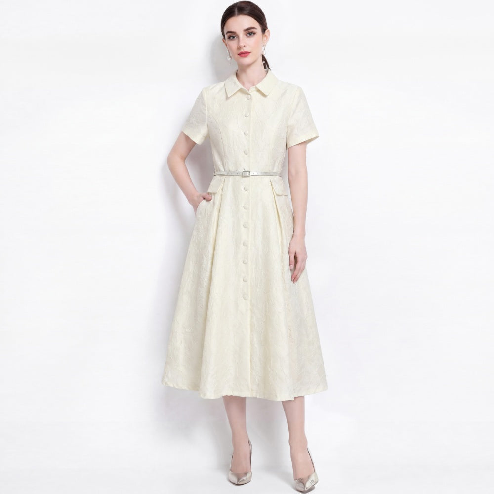 CM-DY072477 Women Elegant European Style Lapel Neckline Short Sleeve Jacquard Mid-Length Dress - Apricot
