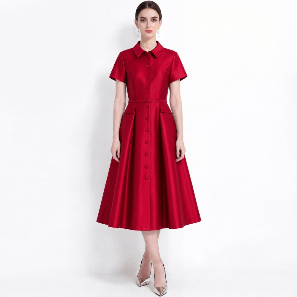 CM-DY072479 Women Elegant European Style Lapel Neckline Short Sleeve High Waist Belted Mid-Length Dress - Red