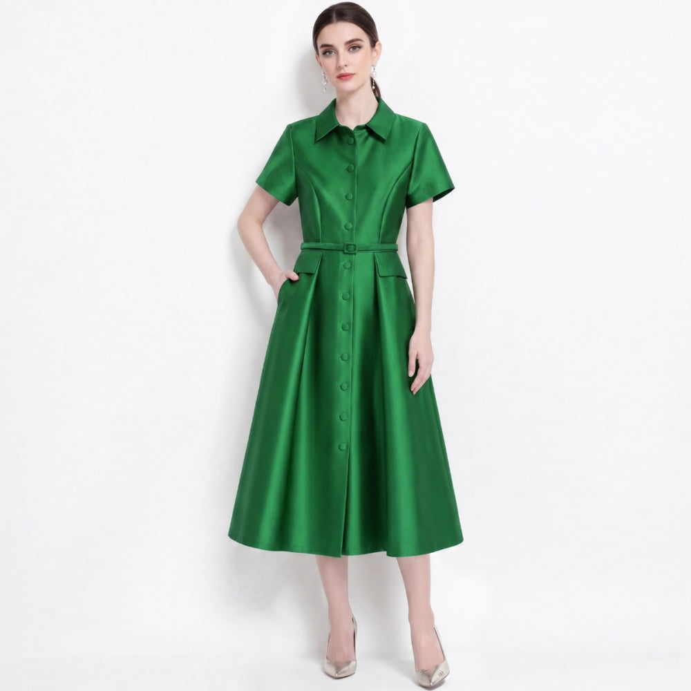 CM-DY072481 Women Elegant European Style Lapel Neckline Short Sleeve High Waist Belted Mid-Length Dress - Green