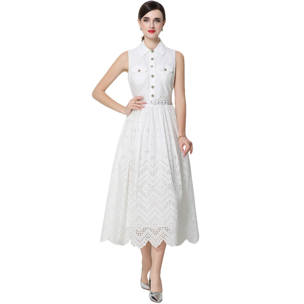 CM-DY072483 Women Elegant European Style Hollow Out Lapel Neckline Sleeveless Belted Mid-Length Dress - White