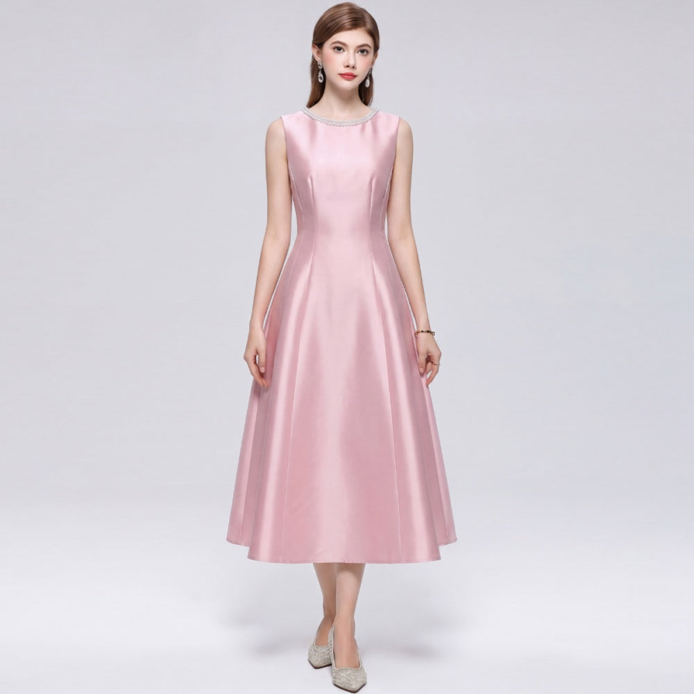 CM-DY072484 Women Elegant European Style Round Neck Sleeveless Rhinestone Satin Mid-Length Dress - Pink