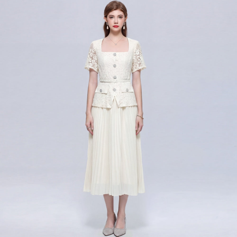 CM-DY072490 Women Elegant European Style Square Collar Short Sleeve Belted Pleated Mid-Length Dress - Apricot