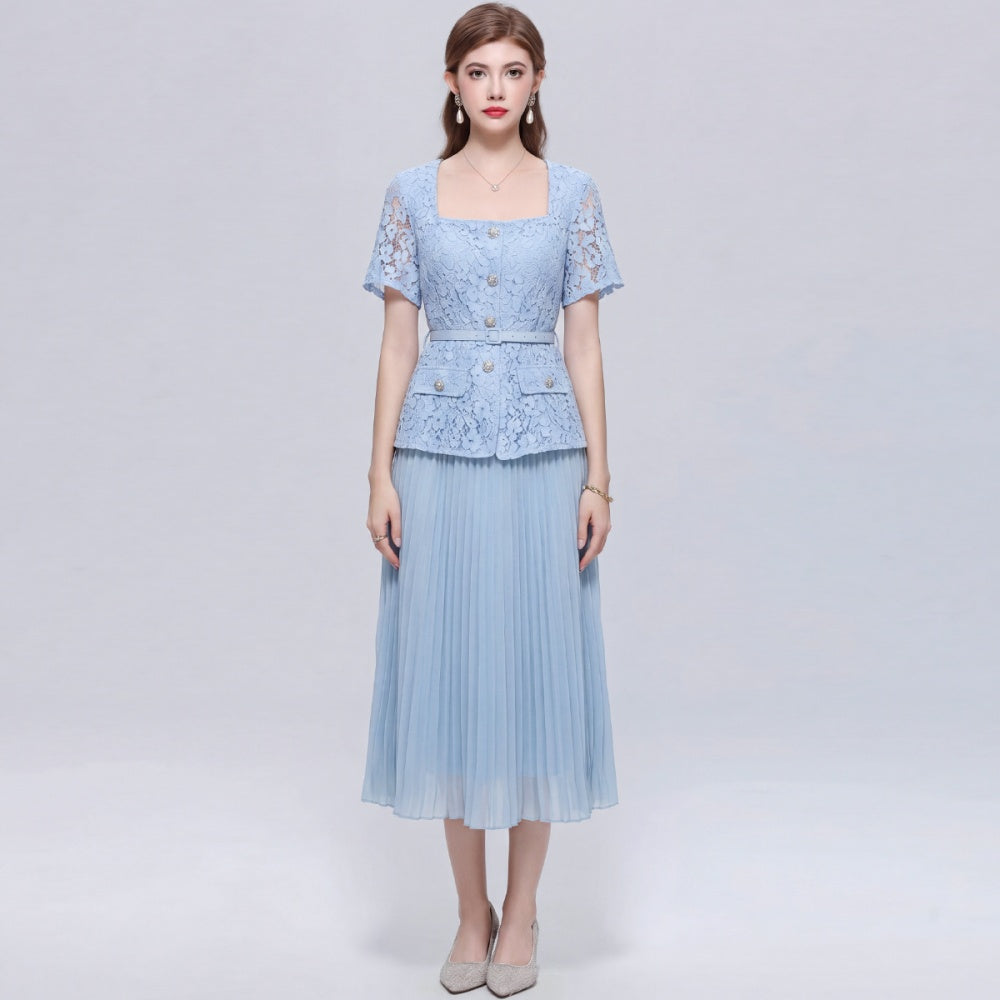 CM-DY072491 Women Elegant European Style Square Collar Short Sleeve Belted Pleated Mid-Length Dress - Blue