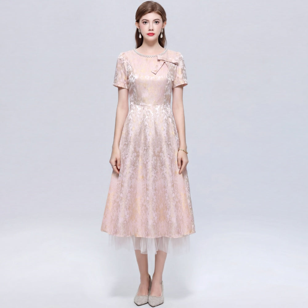 CM-DY072497 Women Elegant European Style Round Neck Short Sleeve Inlay Pearl Jacquard Gauze Midi Dress - Pink