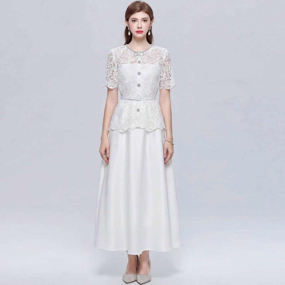 CM-DY072499 Women Elegant European Style Lace Hollow Round Neck Short Sleeve Pinched Waist Mid-Length Dress - White