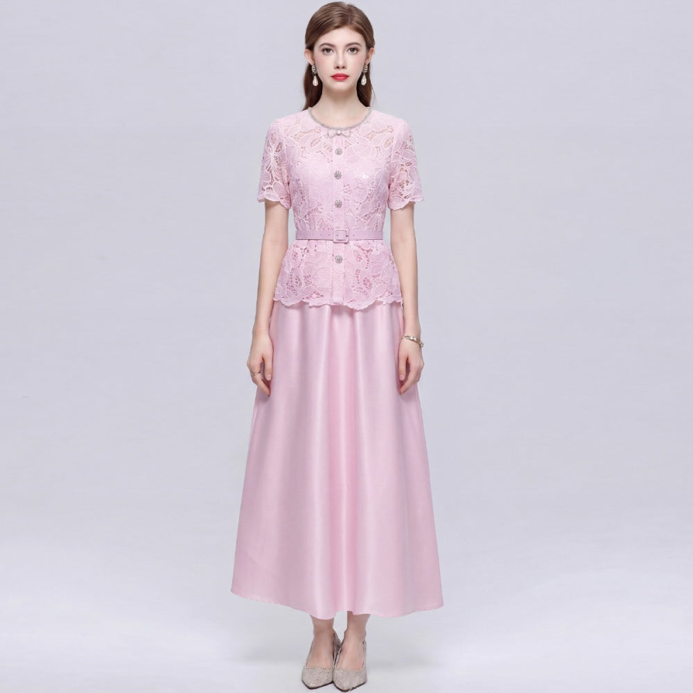 CM-DY072500 Women Elegant European Style Lace Hollow Round Neck Short Sleeve Pinched Waist Mid-Length Dress - Pink