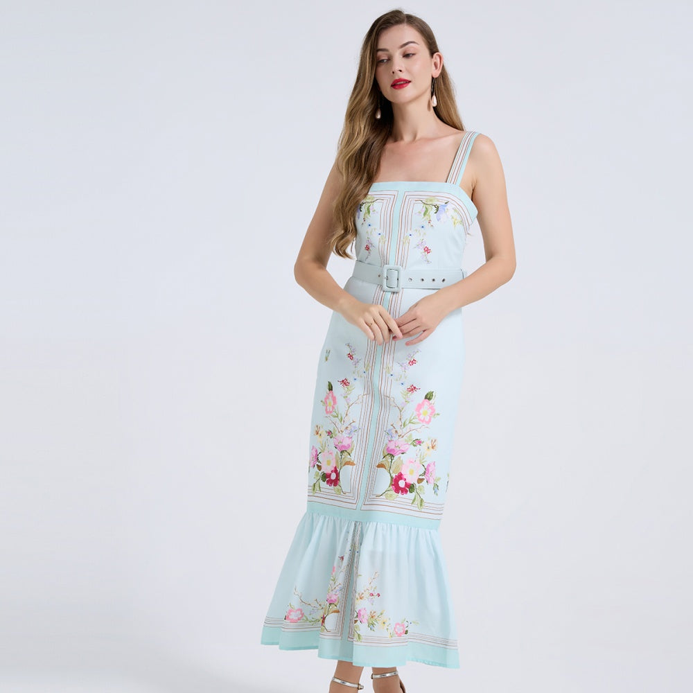 CM-DY072889 Women Elegant European Style Floral Print Strap Sleeveless Mid-Length Dress